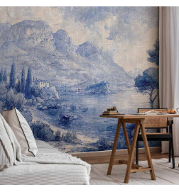 Papier peint - Blue Bay - Italian landscape of Lake Como painted with blue ink