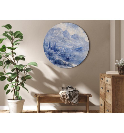 Pyöreä taulu - Blue bay - Italian landscape of Lake Como painted with blue ink