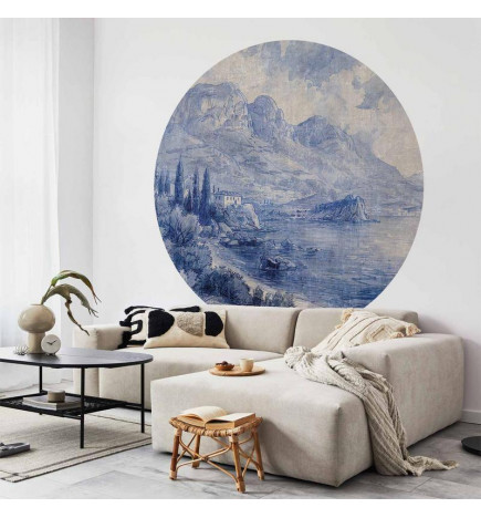 Fototapet rotund - Blue bay - Italian landscape of Lake Como painted with blue ink