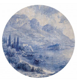 Fotomural redondo - Blue bay - Italian landscape of Lake Como painted with blue ink