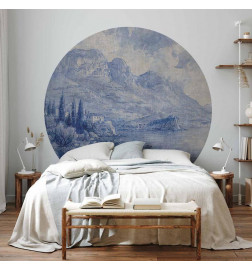 Carta da parati rotondi - Blue bay - Italian landscape of Lake Como painted with blue ink