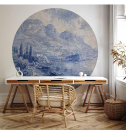 Pyöreä seinämaalaus - Blue bay - Italian landscape of Lake Como painted with blue ink