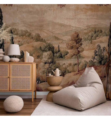 Carta da parati - Mediterranean landscape - old tapestry with a hill and a lake