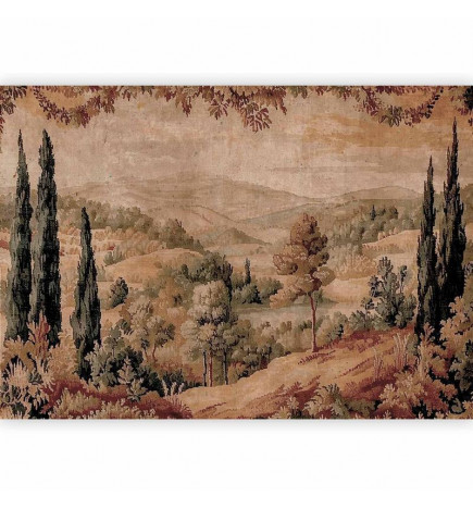 Wall Mural - Mediterranean landscape - old tapestry with a hill and a lake