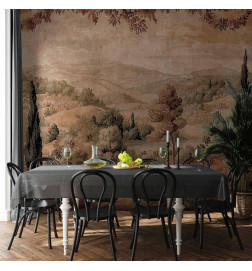 Fotomural - Mediterranean landscape - old tapestry with a hill and a lake