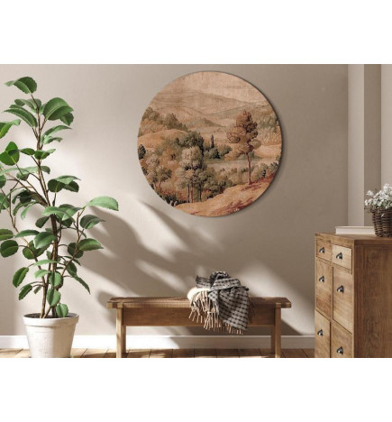 Tablou rotund - Mediterranean landscape - old tapestry with a hill and a lake
