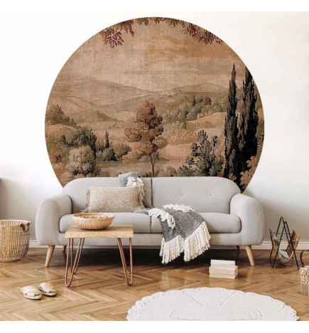 Pyöreä seinämaalaus - Mediterranean landscape - old tapestry with a hill and a lake