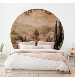 Apaļā fototapete - Mediterranean landscape - old tapestry with a hill and a lake