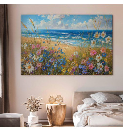 Groot XXL schilderij - Seascape – wildflowers and a view of the rough sea