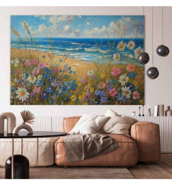 Groot XXL schilderij - Seascape – wildflowers and a view of the rough sea