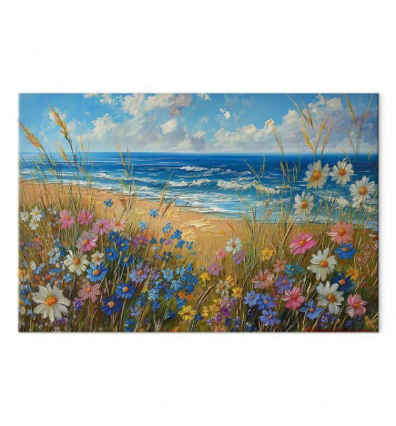 Cuadro - Seascape – wildflowers and a view of the rough sea