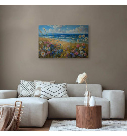 Schilderij - Seascape – wildflowers and a view of the rough sea