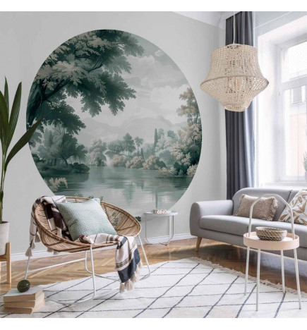 Round Wall Mural - Landscape with a park and lake in retro greens