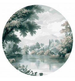 Pyöreä seinämaalaus - Landscape with a park and lake in retro greens
