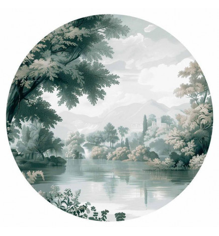 Pyöreä seinämaalaus - Landscape with a park and lake in retro greens