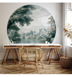Papier Peint rond - Landscape with a park and lake in retro greens