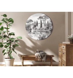 Quadro rotondo - Black and white vintage landscape with a pond