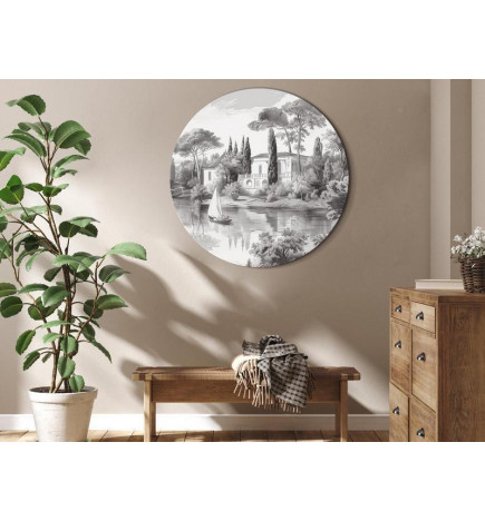 Tablou rotund - Black and white vintage landscape with a pond