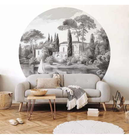 Fototapet rotund - Black and white vintage landscape with a pond