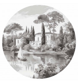 Round Wall Mural - Black and white vintage landscape with a pond