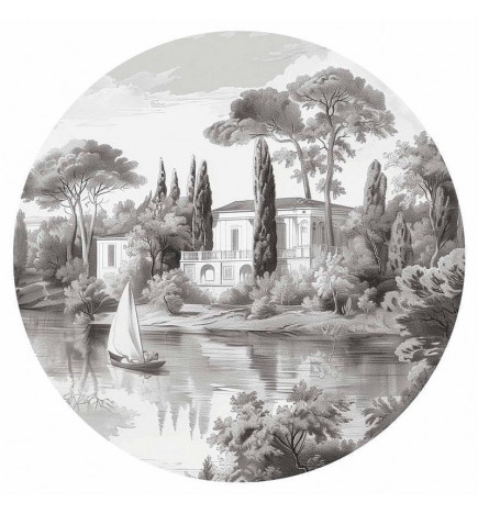 Mural de parede redondo - Black and white vintage landscape with a pond
