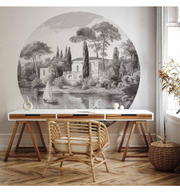 Round Wall Mural - Black and white vintage landscape with a pond