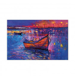 Wandbild XXL - Modern impressionism - night landscape of a lake with a floating boat