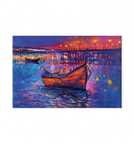DYI Large Canvas Print - Modern impressionism - night landscape of a lake with a floating boat