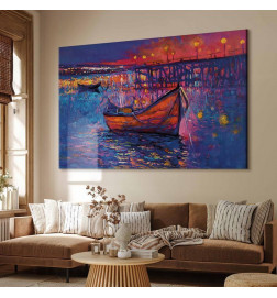 Groot XXL schilderij - Modern impressionism - night landscape of a lake with a floating boat