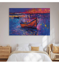 Wandbild XXL - Modern impressionism - night landscape of a lake with a floating boat