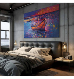 DYI Large Canvas Print - Modern impressionism - night landscape of a lake with a floating boat