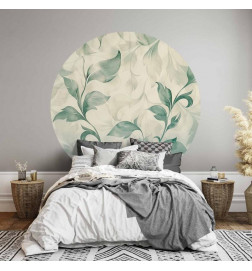 Pyöreä seinämaalaus - Watercolour green and beige leaves