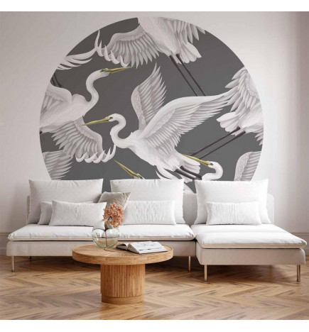 Okrogla fototapeta - Pastel birds – a delicate pattern of white and grey herons on a light pink background