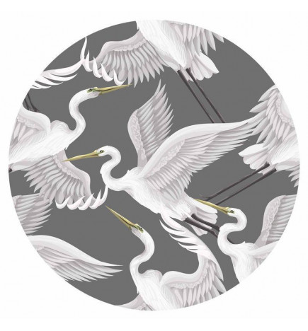 Round Wall Mural - Pastel birds – a delicate pattern of white and grey herons on a light pink background