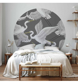 Pyöreä seinämaalaus - Pastel birds – a delicate pattern of white and grey herons on a light pink background