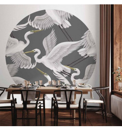 Pyöreä seinämaalaus - Pastel birds – a delicate pattern of white and grey herons on a light pink background