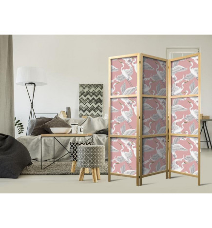 Japanilainen sermi - Pastel birds - a delicate pattern of white and grey herons on a light pink background