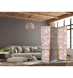 Paravento giapponese - Pastel birds - a delicate pattern of white and grey herons on a light pink background