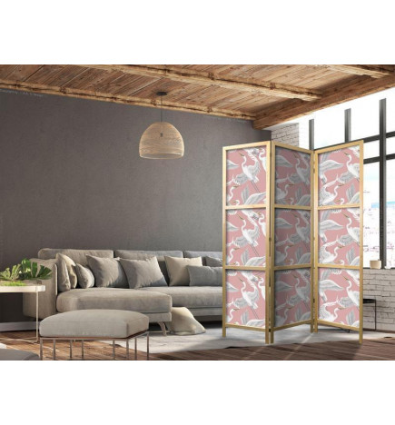Paravent japonais - Pastel birds - a delicate pattern of white and grey herons on a light pink background
