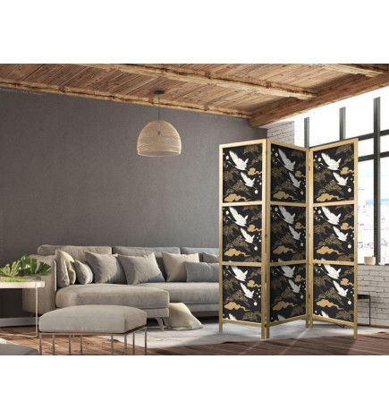 Jaapani sirm - Oriental impressions - decorative pattern with a motif of flying cranes on a dark background