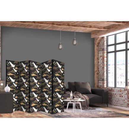 Paravent - Oriental impressions - decorative pattern with a motif of flying cranes on a dark background