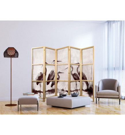 Japanese Room Divider - Herons painted with ink