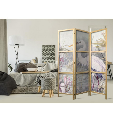 Japanese Room Divider - Heron wading in a pond – illustration in bright colours