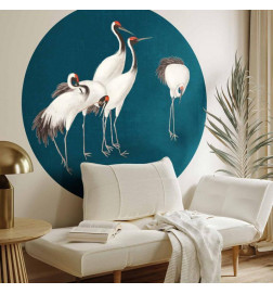 Round Wall Mural - Evening by the pond - a group of cranes drawn in dry pastel on a dark turquoise background