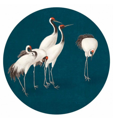 Round Wall Mural - Evening by the pond - a group of cranes drawn in dry pastel on a dark turquoise background
