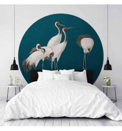 Mural de parede redondo - Evening by the pond - a group of cranes drawn in dry pastel on a dark turquoise background