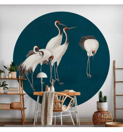 Mural de parede redondo - Evening by the pond - a group of cranes drawn in dry pastel on a dark turquoise background