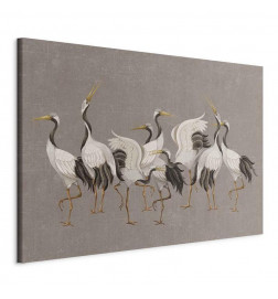 Wandbild XXL - Crane dance – bright silhouettes of birds against a warm grey background with texture