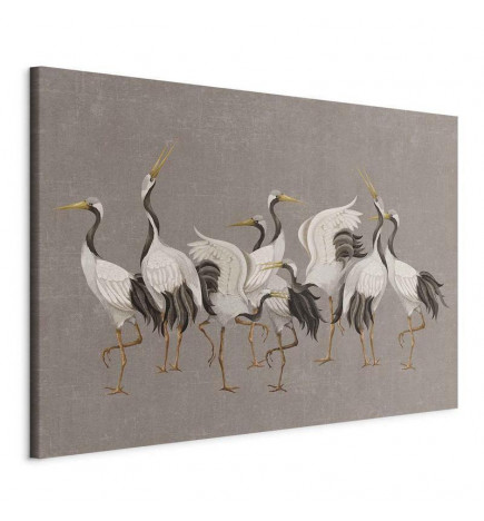 XXL-kuva - Crane dance – bright silhouettes of birds against a warm grey background with texture