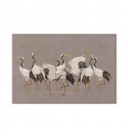 Wandbild XXL - Crane dance – bright silhouettes of birds against a warm grey background with texture